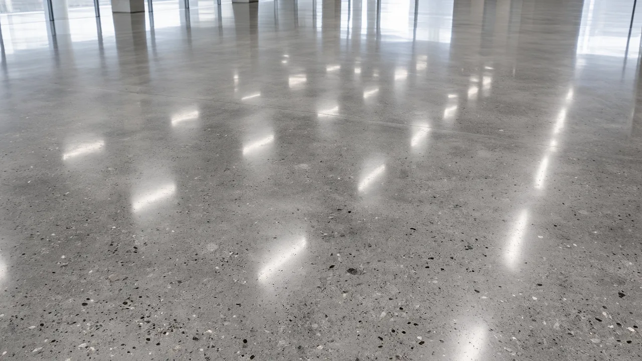Yüksek parlaklıkta lityum silikat kristalize parlatılmış beton zemin; pencere ve kolon yansımaları.