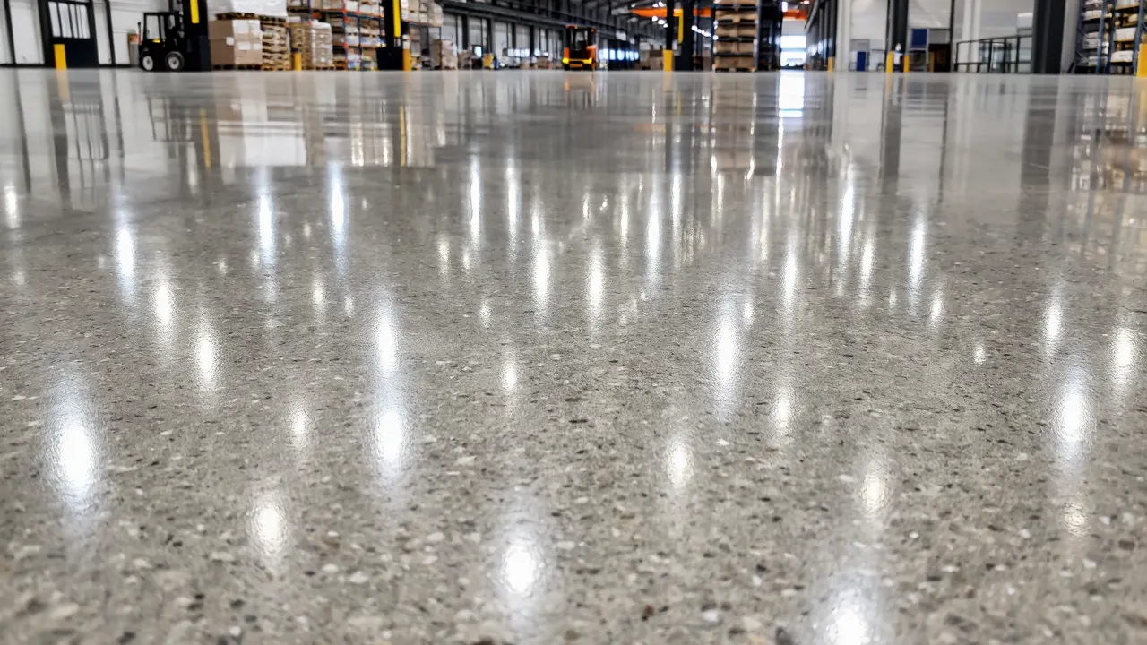 Fabrika zemininde hazırlık ve parlak beton uygulama süreci videosu.