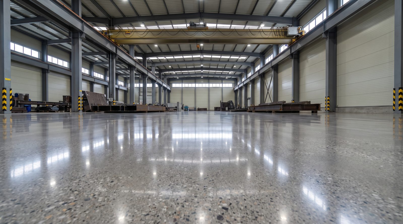 Gezer köprü vinçli ağır imalat fabrika holünde, tavan armatürlerini ayna gibi yansıtan parlak beton zemin.