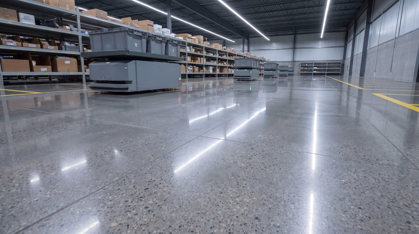 AGV ve AMR robotların çalıştığı otomasyon deposunda superflat parlatılmış beton zemin ve robot rota işaretleri.