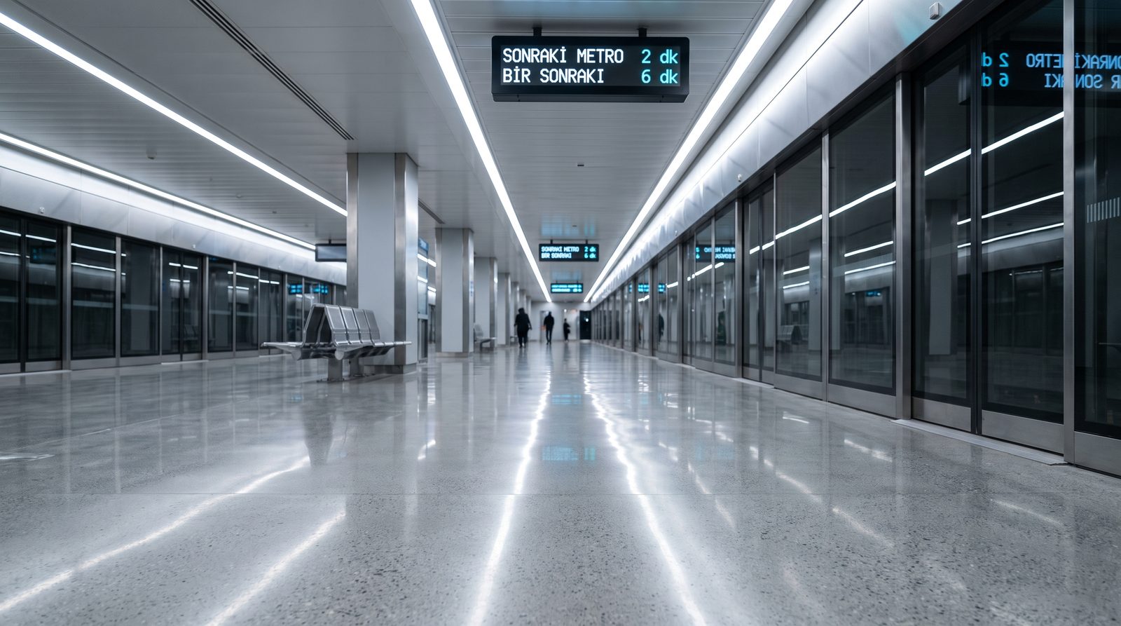 Metro istasyonu peronunda cam platform kapılarını ve yolcu bilgi ekranlarını yansıtan tek parça parlatılmış beton zemin.
