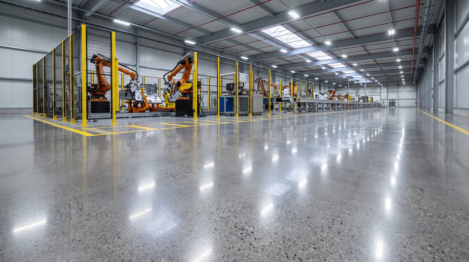 Robotik kaynak hücrelerinin sıralandığı montaj hattında ekipmanı yansıtan parlak beton fabrika zemini.