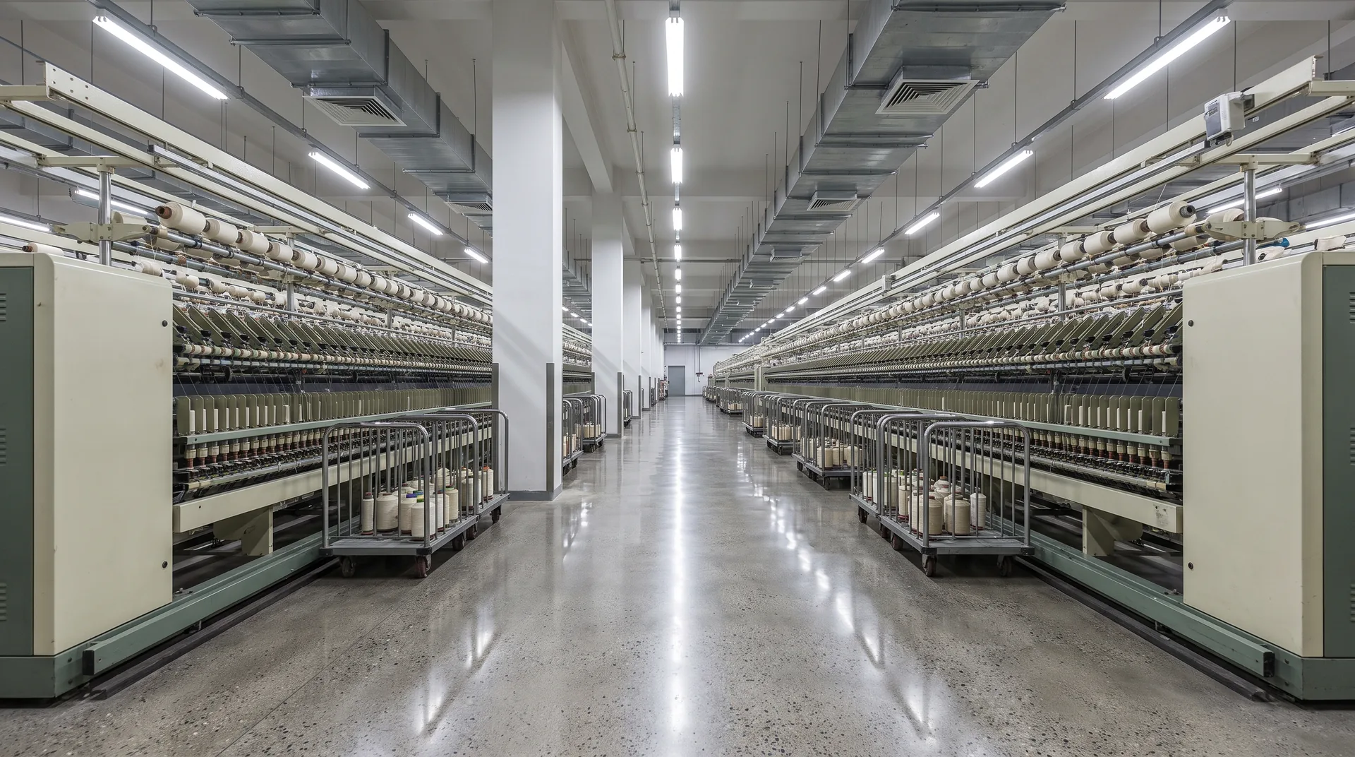 Tekstil iplik üretim holünde ring makine sıraları arasında parlatılmış beton koridor, tavan ışıklarını yansıtıyor.